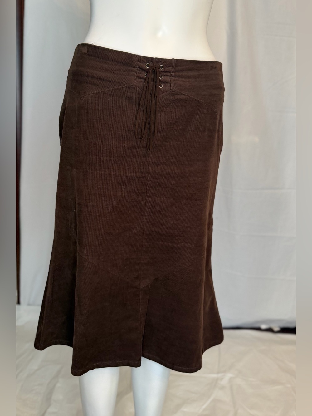 Bisou Bisou Chocolate Brown Midi Skirt with Lace-Up Waist